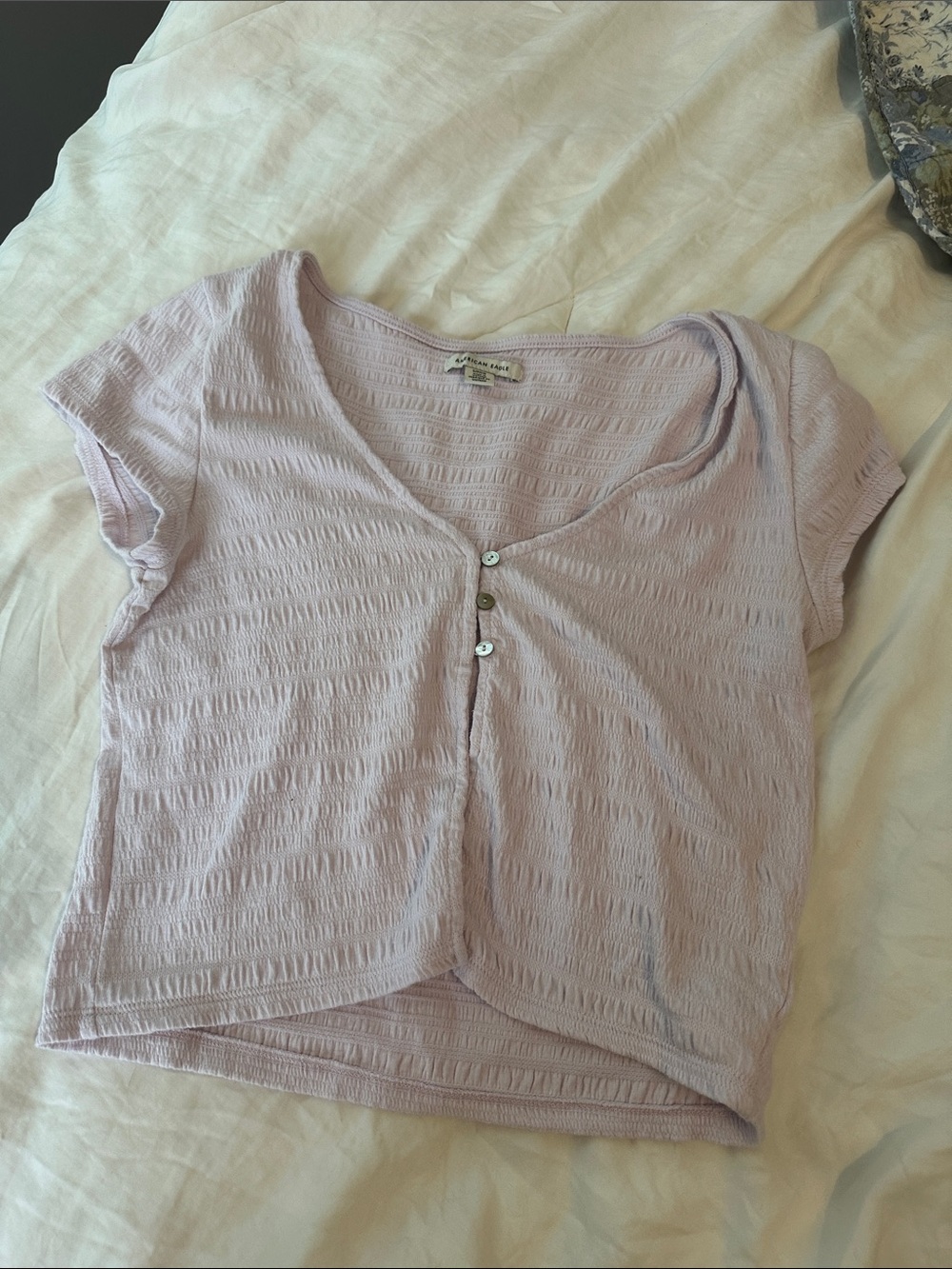 American Eagle Outfitters Light Lavender Short Sleeve Button Crop Top